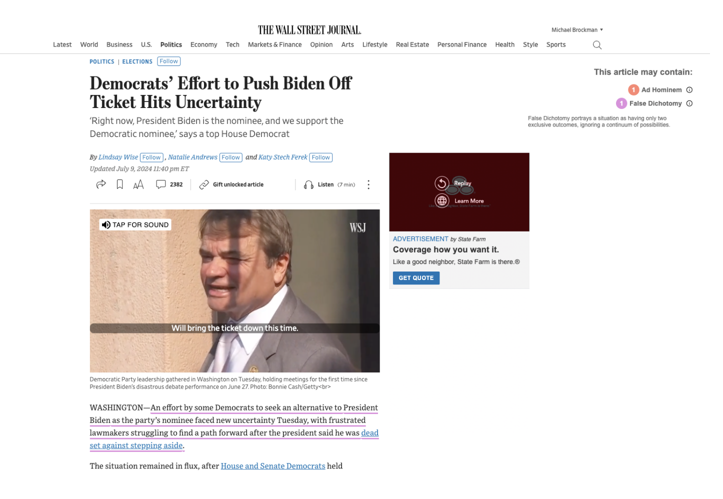Wall Street Journal article annotated with fallacies